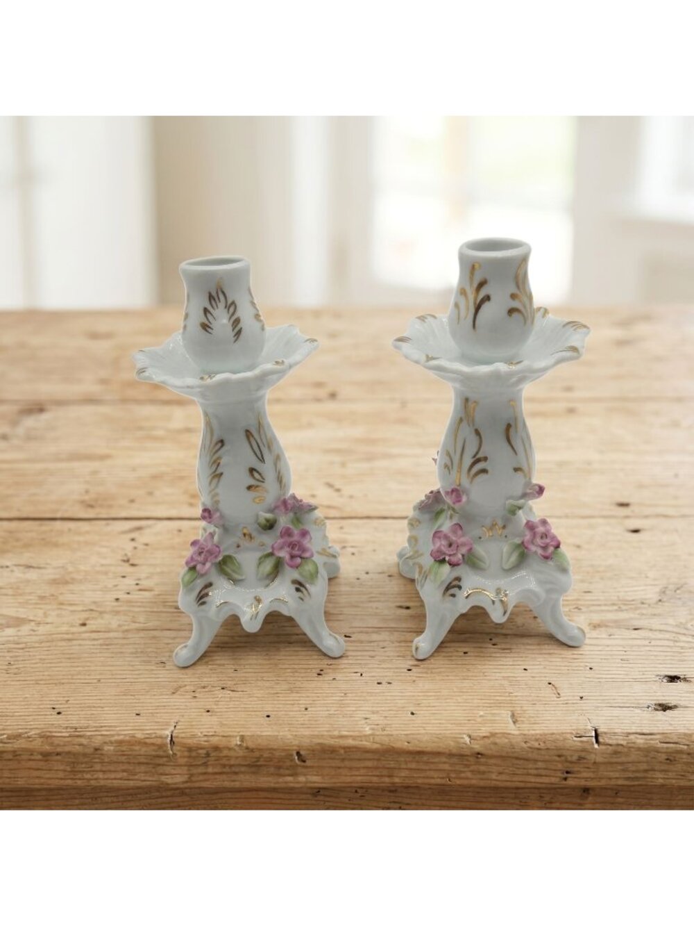 Vintage Dresden-Style Porcelain Candlestick Holders Pair Floral Gold Gilt 7"